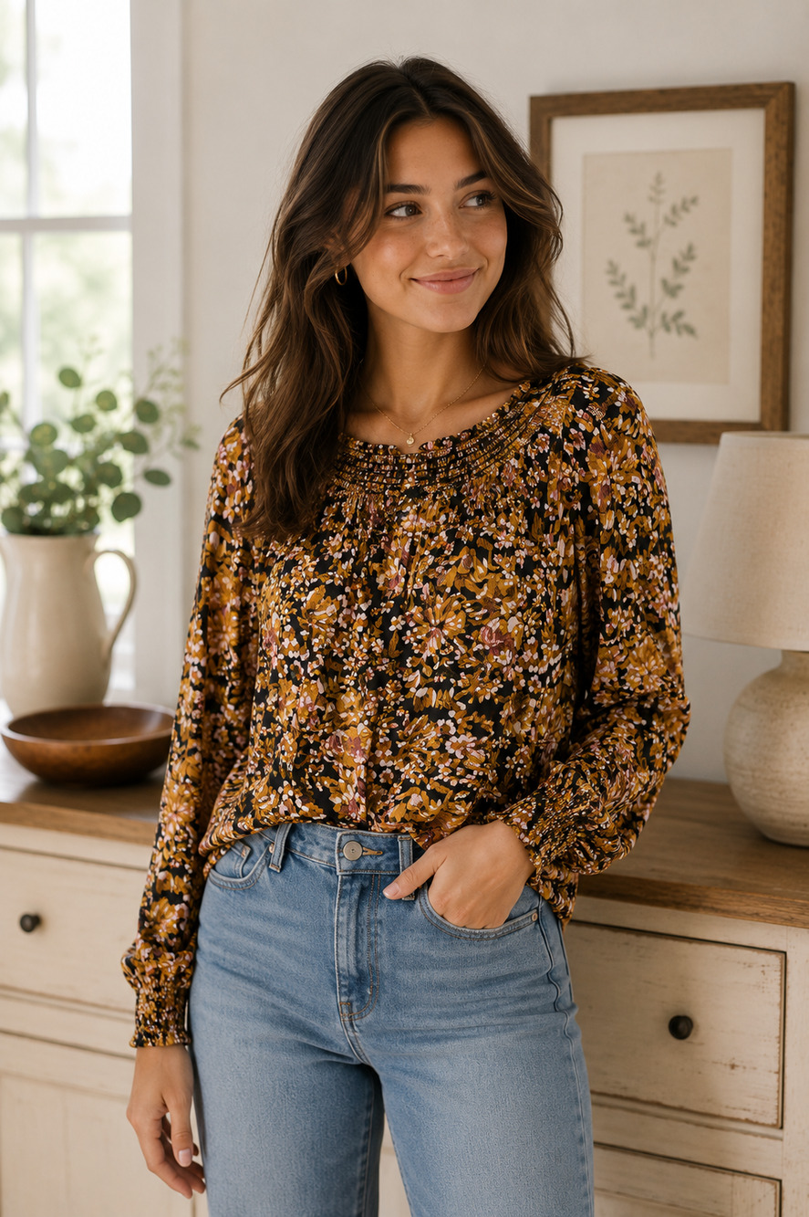 Jane and Delancey Floral Peasant Blouse Smocked Neckline Long Sleeve Top Size L